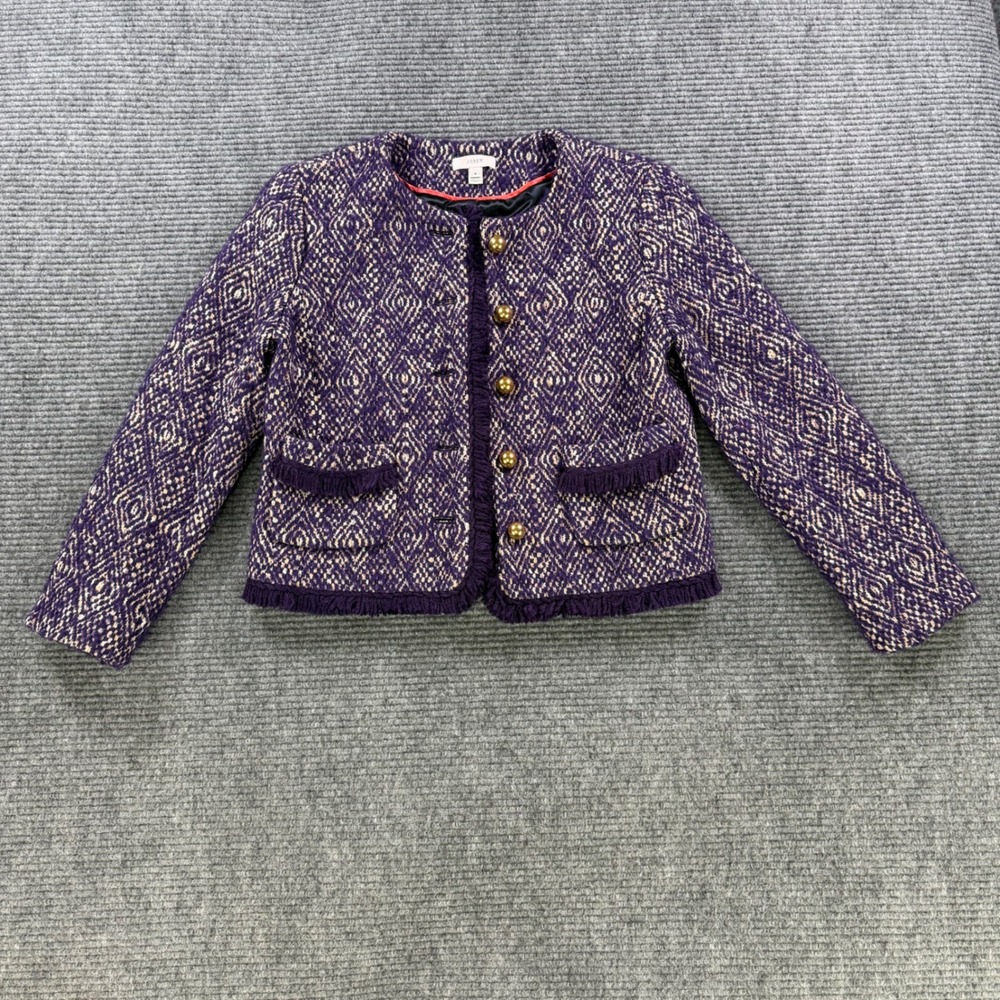 J.Crew Purple‎ Diamond Tweed Jacket Womens 6 Gold Button Fringe Trim Wool Blend - Picture 2 of 13